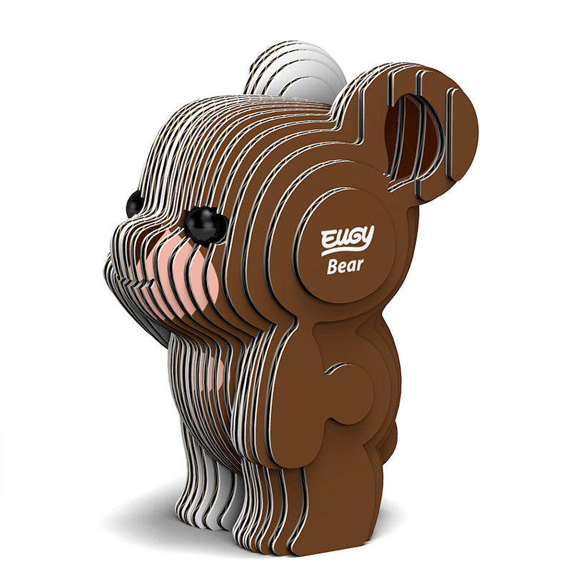 Image of EUGY Bear, showing brown bear made from layers of cardboard stuck together on white background.