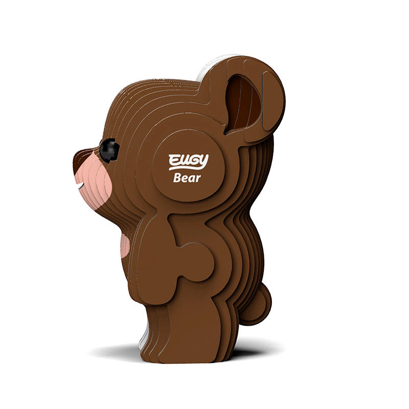 Side view image of EUGY Bear, showing brown bear made from layers of cardboard stuck together on white background.