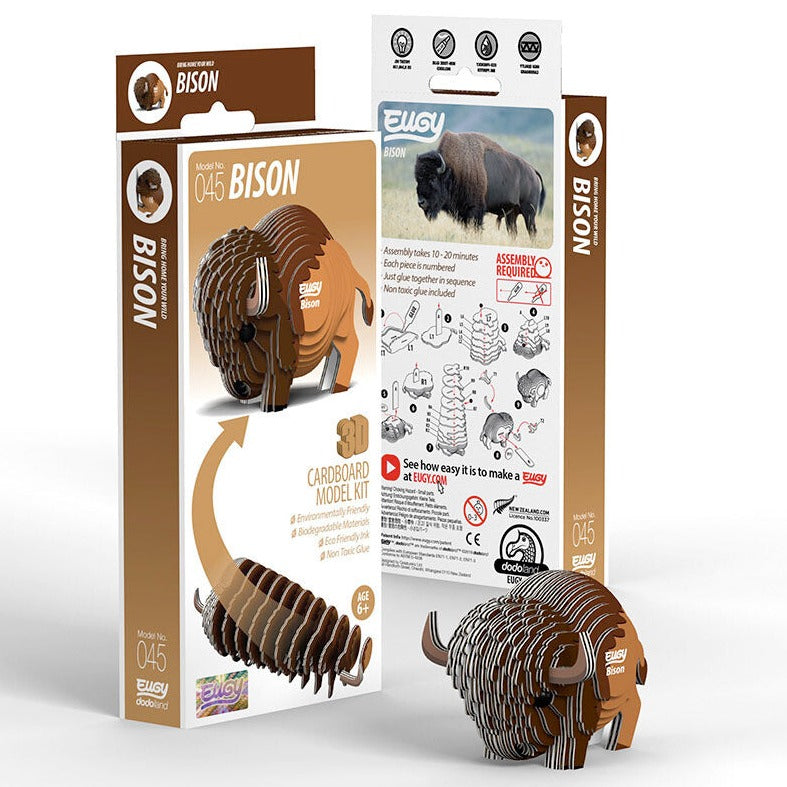 Side view image of EUGY Bison and packaging on white background.