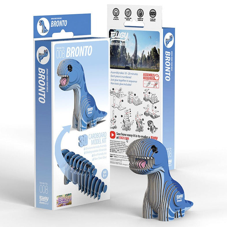 Side view image of EUGY Bronto and packaging on white background.