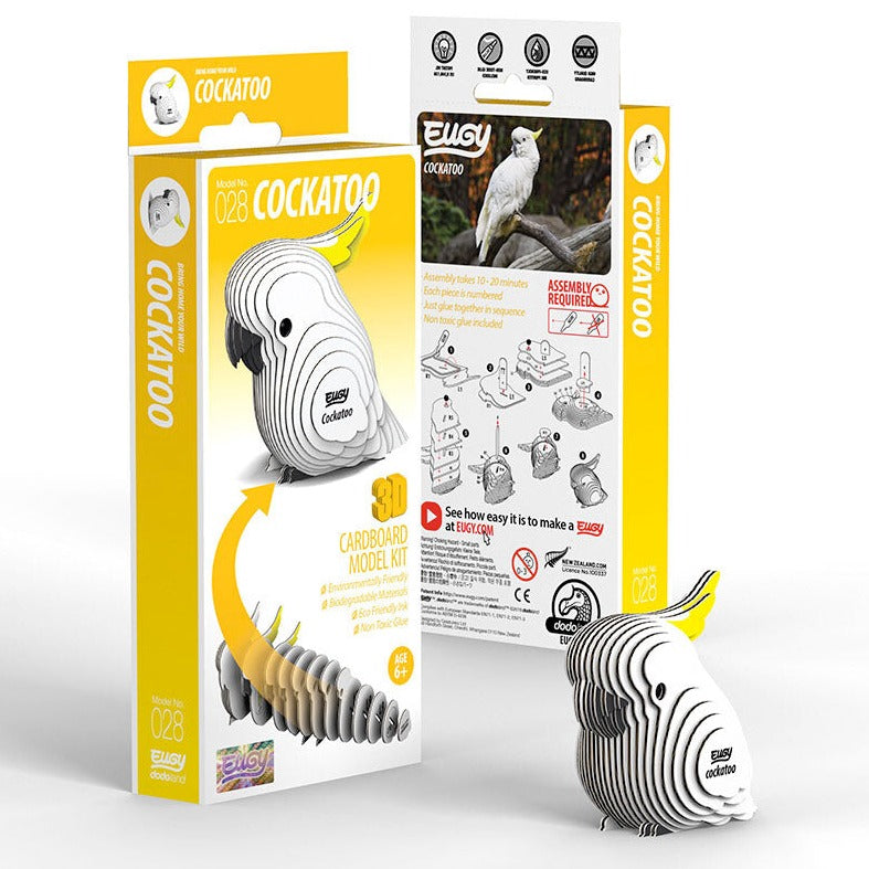 Side view image of EUGY Cockatoo and packaging on white background.