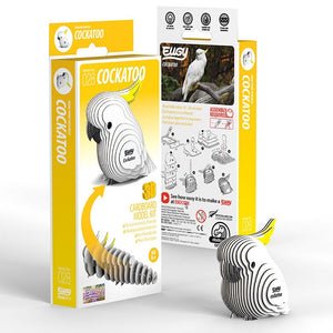 Side view image of EUGY Cockatoo and packaging on white background.