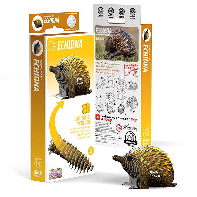 Side view image of EUGY Echidna and packaging on white background.