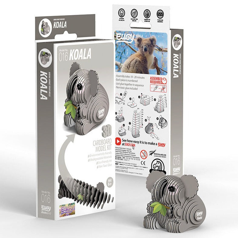 Side view image of EUGY Koala and packaging on white background.