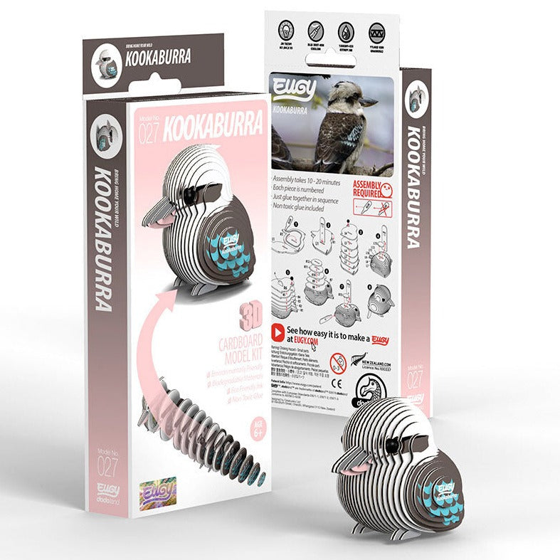 Side view image of EUGY Kookaburra and packaging on white background.