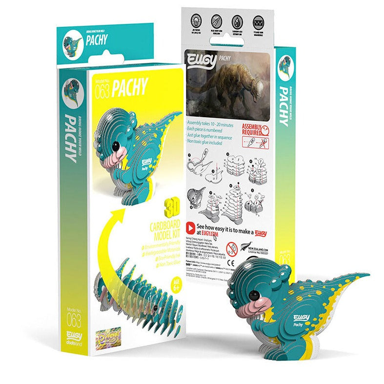 Side view image of EUGY Pachy and packaging on white background.