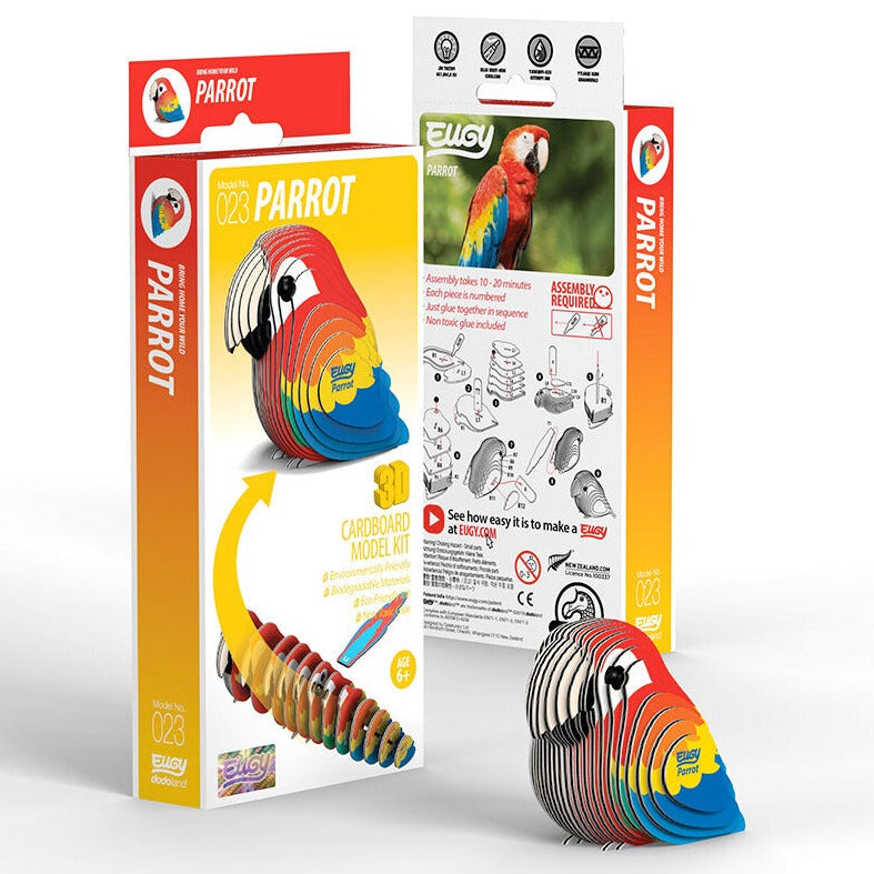 Side view image of EUGY Parrot and packaging on white background.
