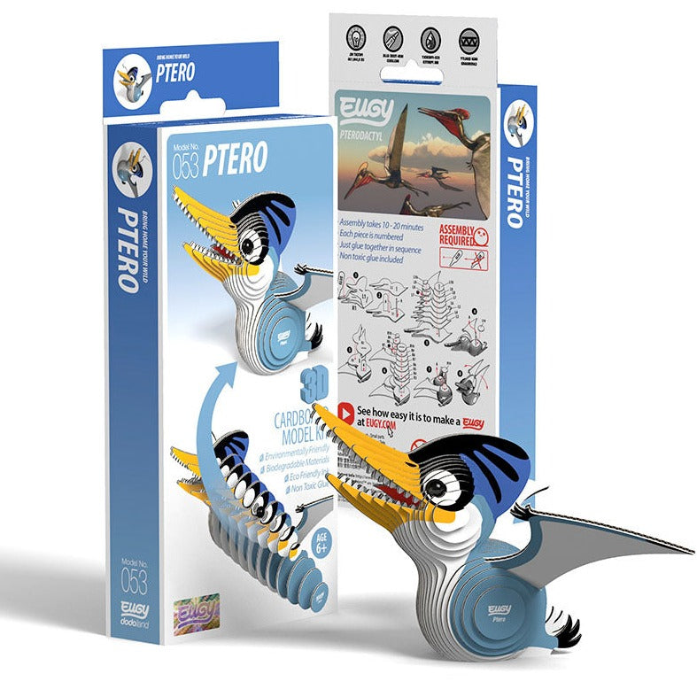 Side view image of EUGY Ptero and packaging on white background.