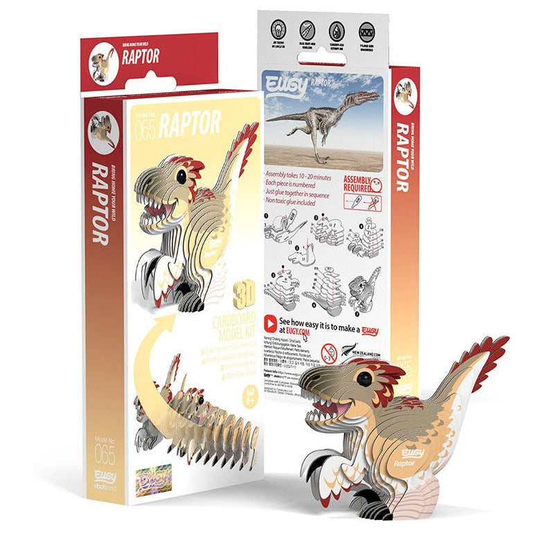 Side view image of EUGY Raptor and packaging on white background.