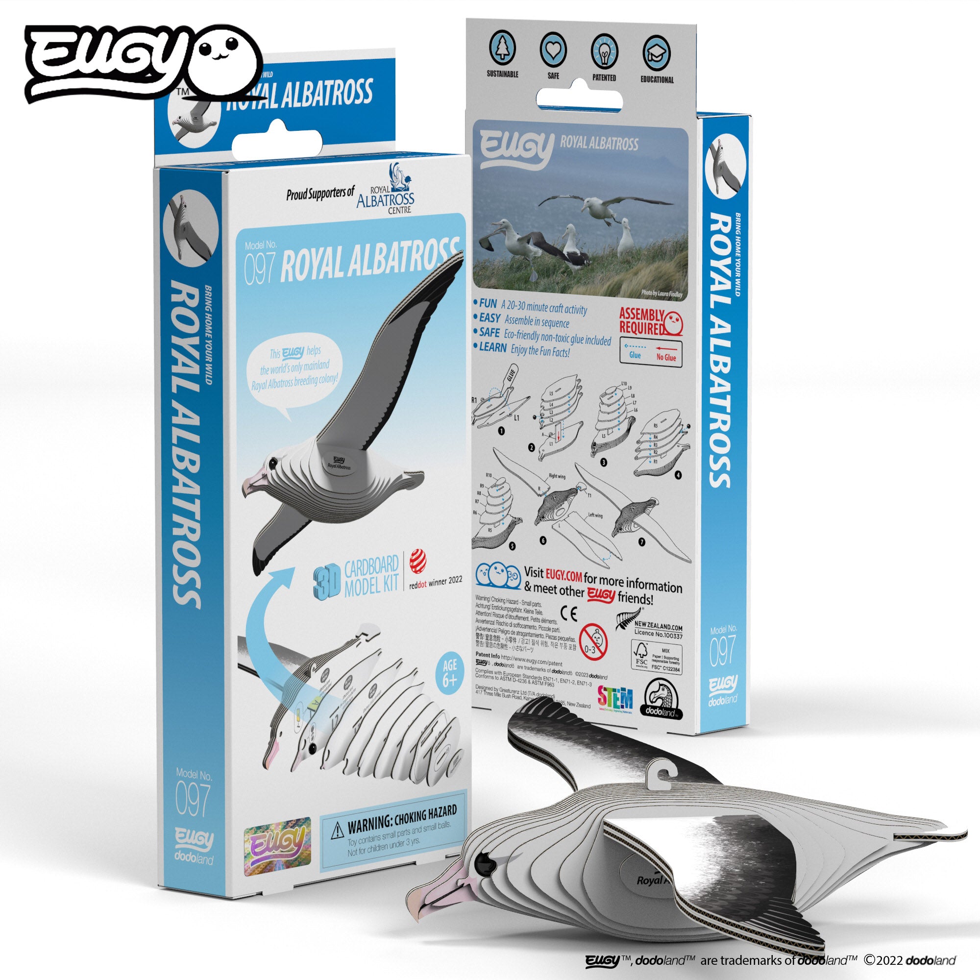 Side view image of EUGY Royal Albatross and packaging on a white background.