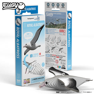 Side view image of EUGY Royal Albatross and packaging on a white background.