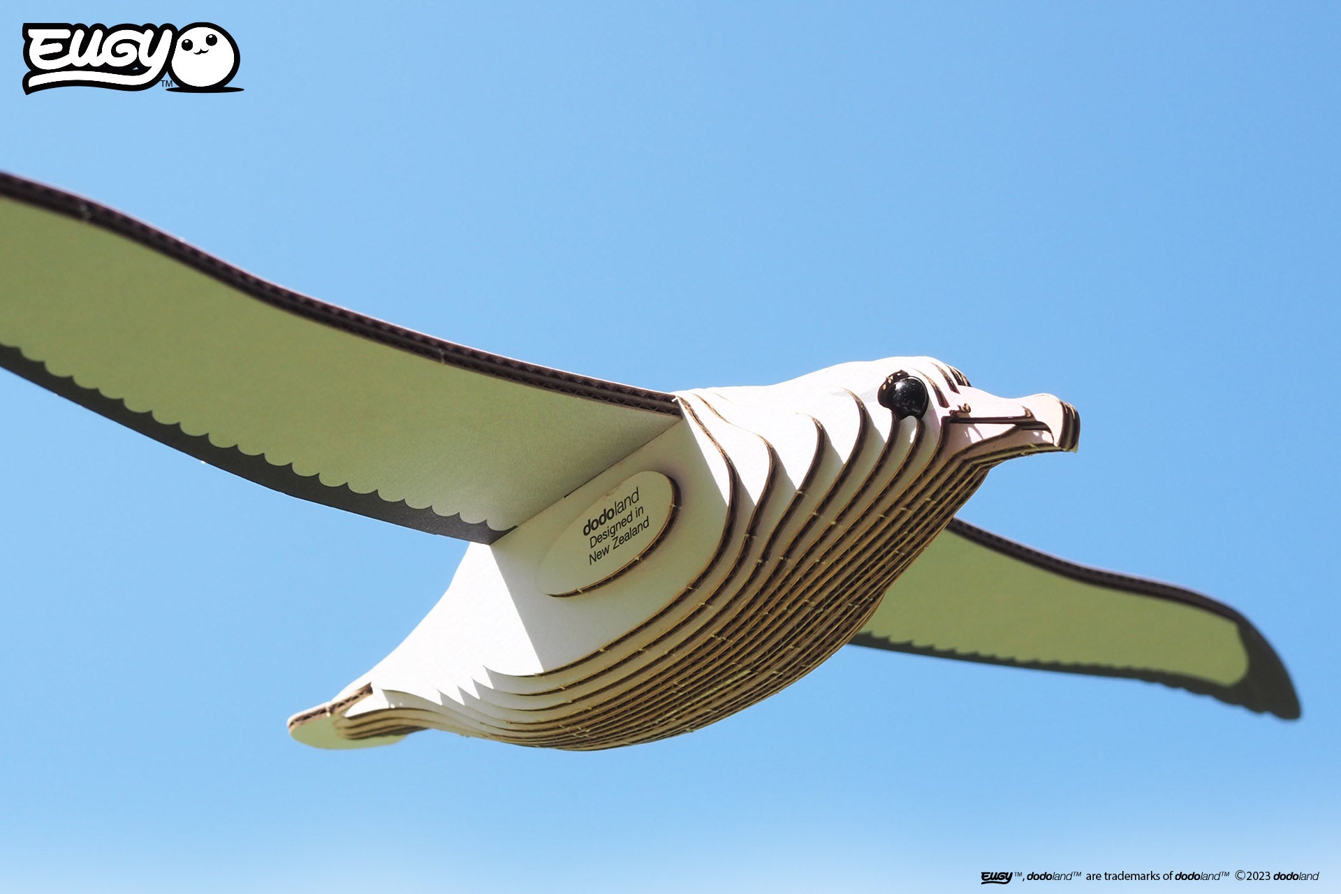 Side view image of EUGY Royal Albatross on a sky blue background.