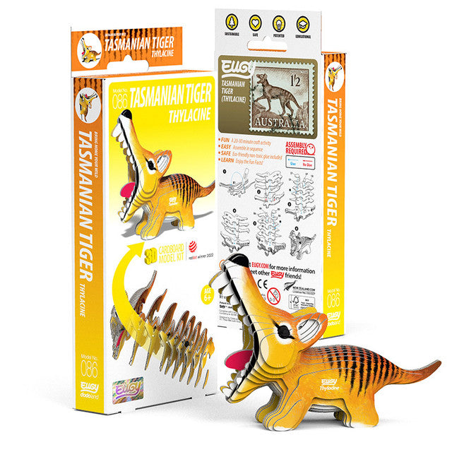 Side view image of EUGY Tasmanian Tiger and packaging on white background.