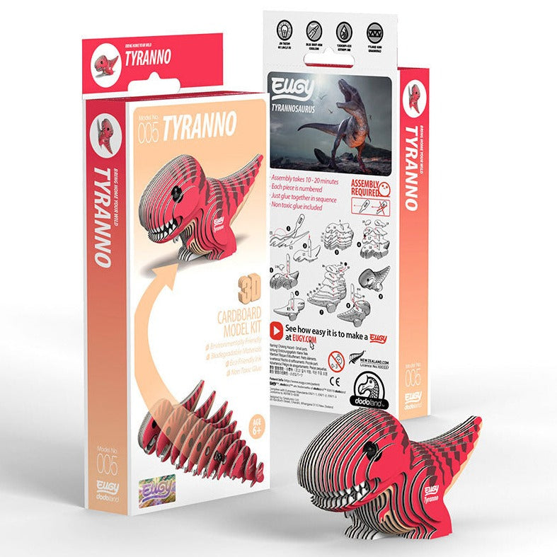 Side view image of EUGY Tyranno and packaging on white background.