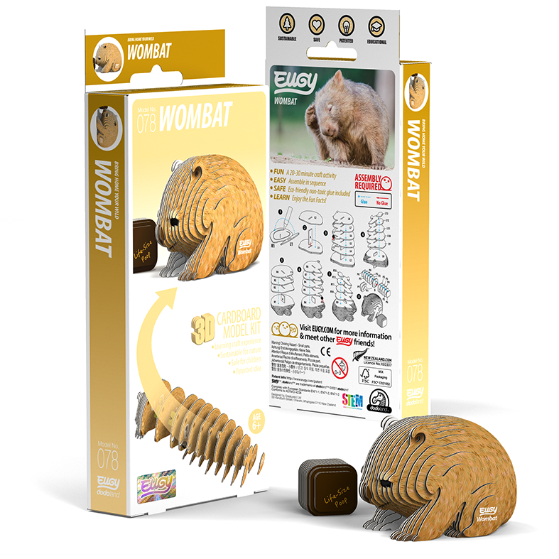 Side view image of EUGY Wombat and packaging on white background.