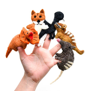 mage of Australian animal finger puppets on hand with white background