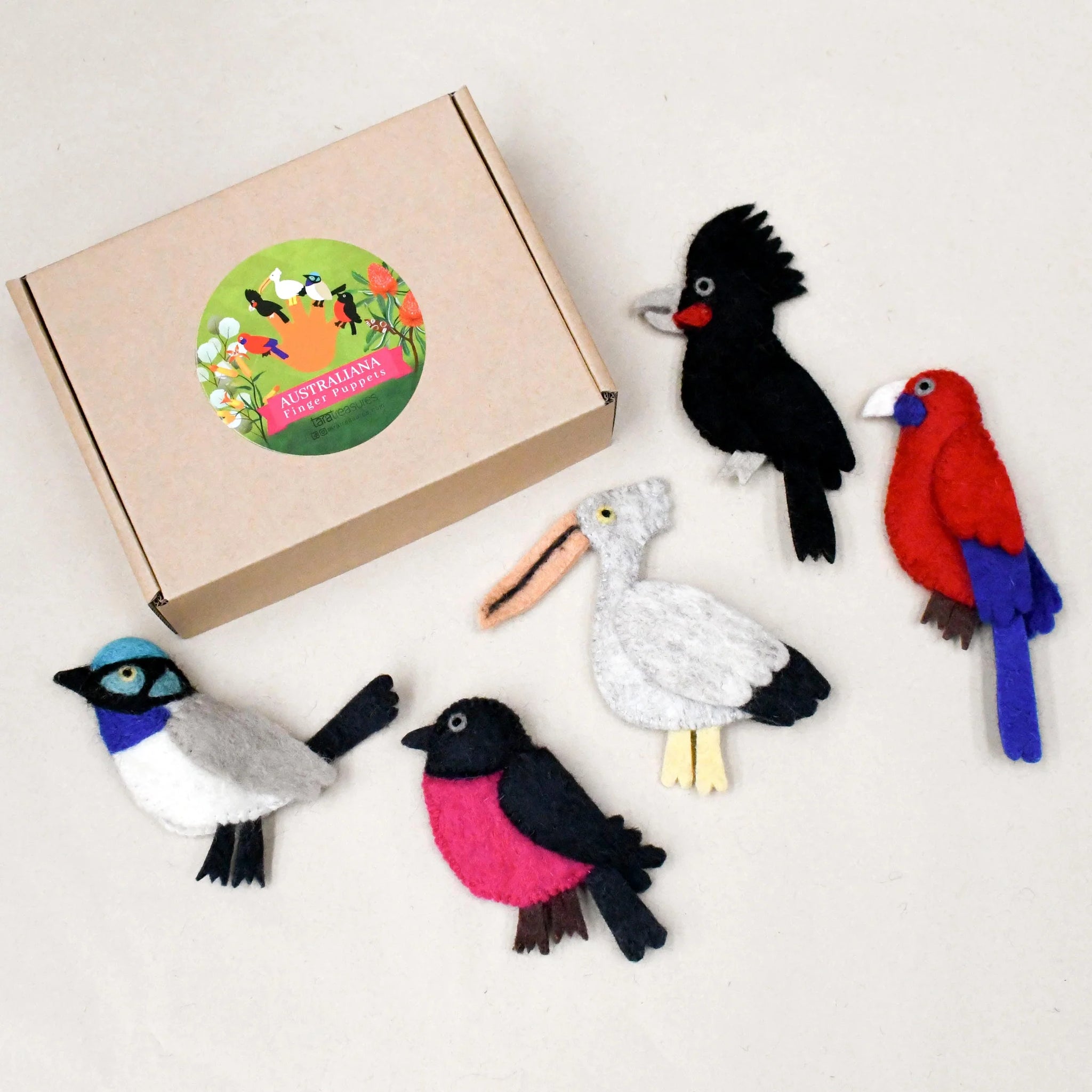Image of Australian Bird Finger Puppets and packaging on white background