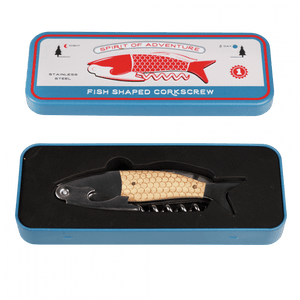 A blue rectangular tin box with a lid and base. The lid features a red fish illustration with the text "SPIRIT OF ADVENTURE" above and "FISH SHAPED CORKSCREW" below. "STAINLESS STEEL" is printed on the left side, with tree icons on both sides of the fish. Inside the box is a fish-shaped corkscrew with a black head and tail, beige scale-textured body, and a metal corkscrew extending from the bottom.
