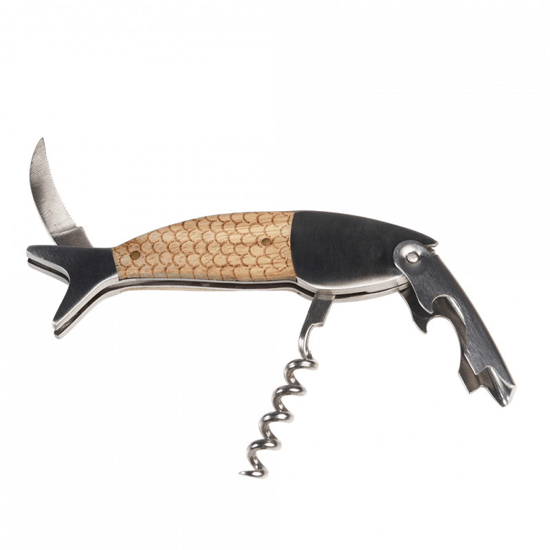A multi-functional tool shaped like a fish, featuring a small knife blade at the tail, a corkscrew extending from the belly, and a bottle opener at the head. The body has a textured, scale-like pattern.