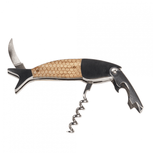 A multi-functional tool shaped like a fish, featuring a small knife blade at the tail, a corkscrew extending from the belly, and a bottle opener at the head. The body has a textured, scale-like pattern.
