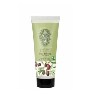 Green La Florentina hand cream tube with olive design, labeled "Olio in Fiore," 75 ml, Made in Italy.