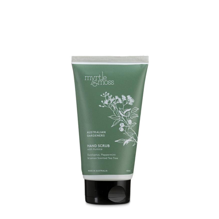 Front view image of 150 ml Hand Scrub,  Eucalyptus, Peppermint & Lemon Scented Tea Tree by myrtle and moss