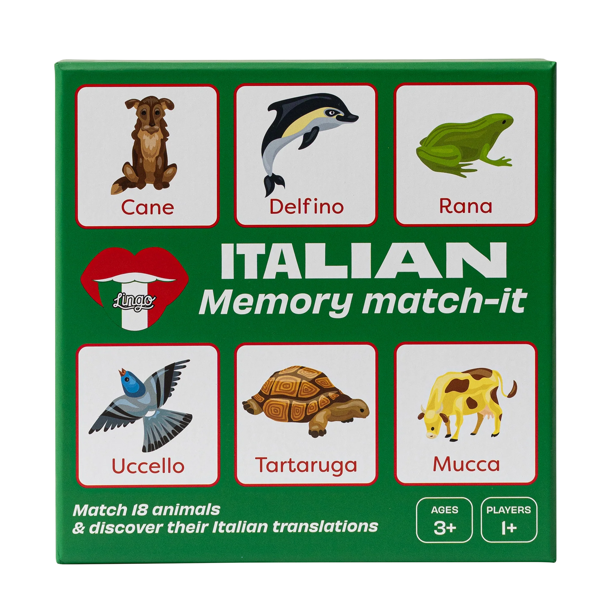 Italian Memory Match-It game box with animals and Italian names: Cane, Delfino, Rana, Uccello, Tartaruga, Mucca.