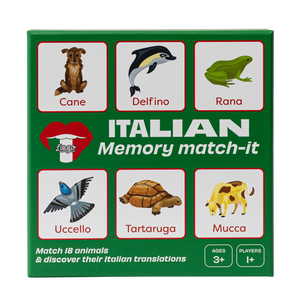 Italian Memory Match-It game box with animals and Italian names: Cane, Delfino, Rana, Uccello, Tartaruga, Mucca.
