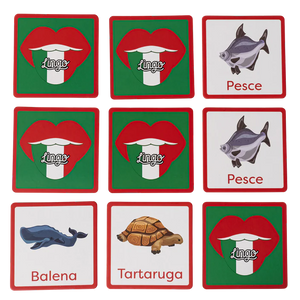 Memory game grid with Italian animal cards: Pesce, Balena, Tartaruga, and six Lingo cards.