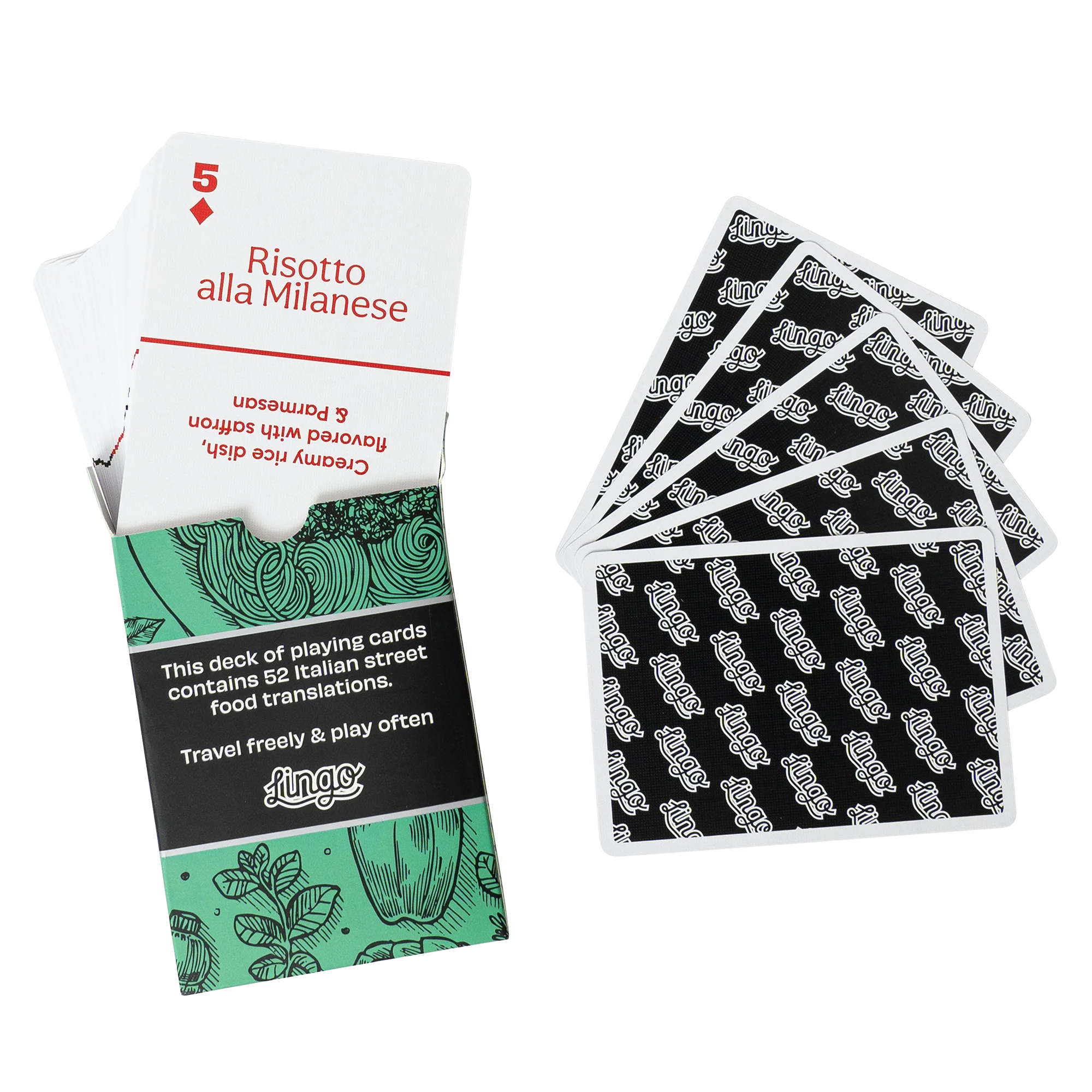 Deck of playing cards featuring Italian street food translations, including a card labelled "Risotto alla Milanese."