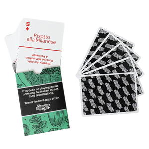 Deck of playing cards featuring Italian street food translations, including a card labelled "Risotto alla Milanese."