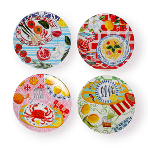 Four decorative plates with colourful designs of vegetables and wine, pasta, crab, and fish.