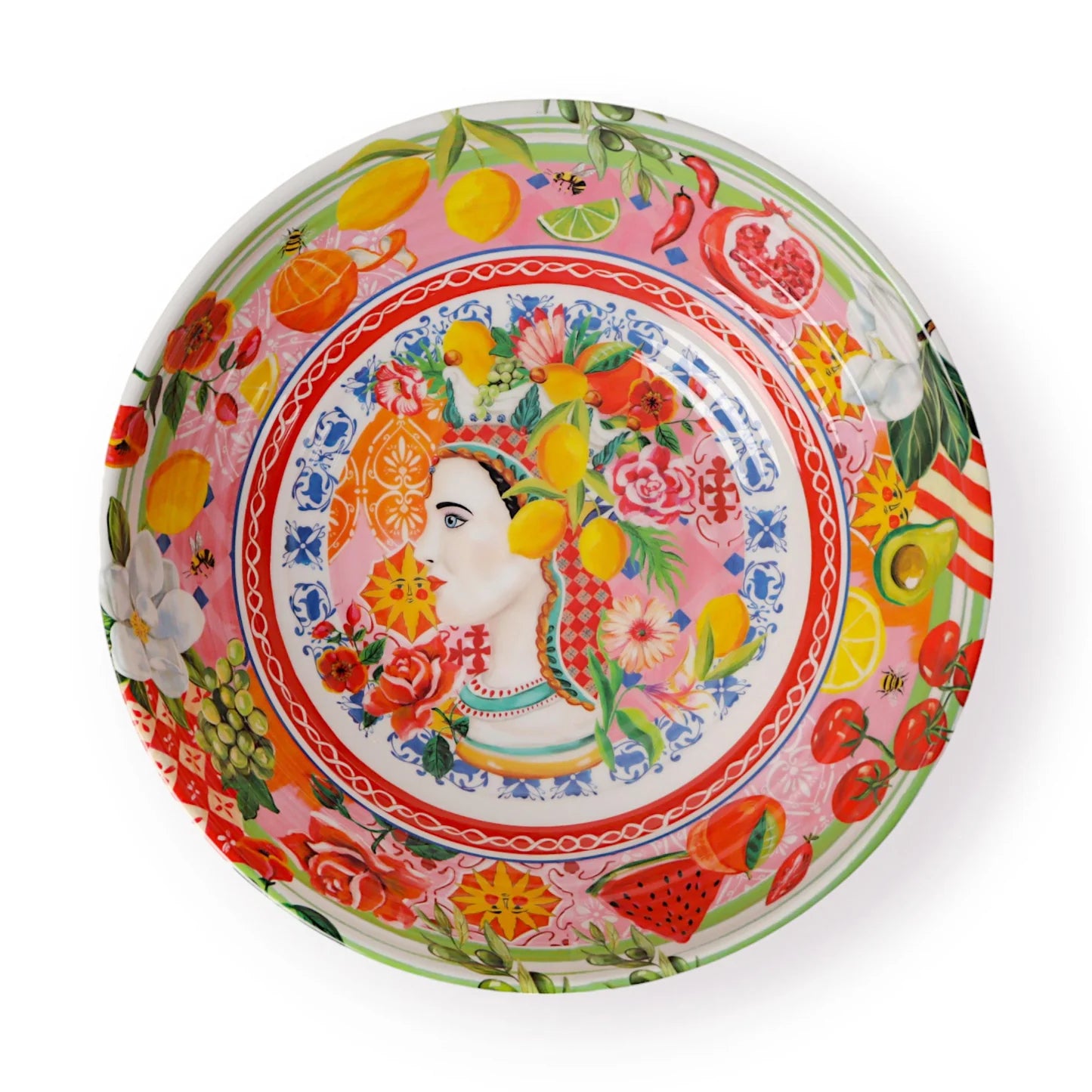 Italian summer salad bowl with central portrait, fruits, flowers, and vibrant decorative patterns.