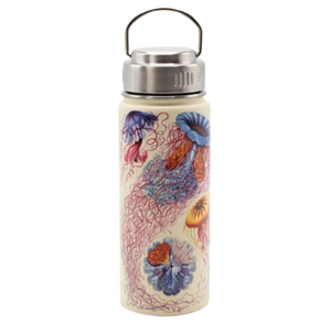 Cream water bottle with blue, purple and red jellyfish pictures and a silver lid with handle