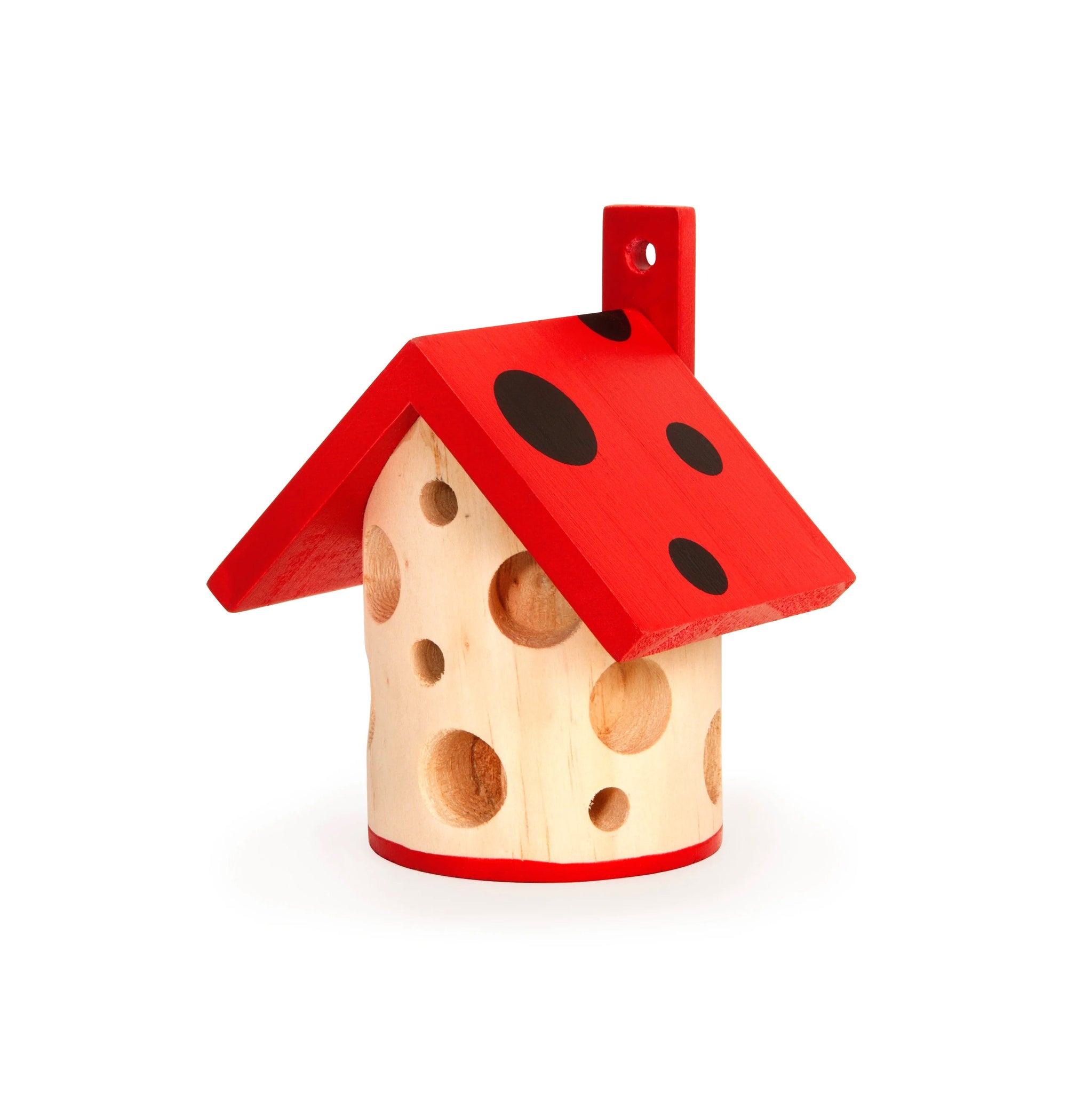 From view image of wooden lady bug house with red roof