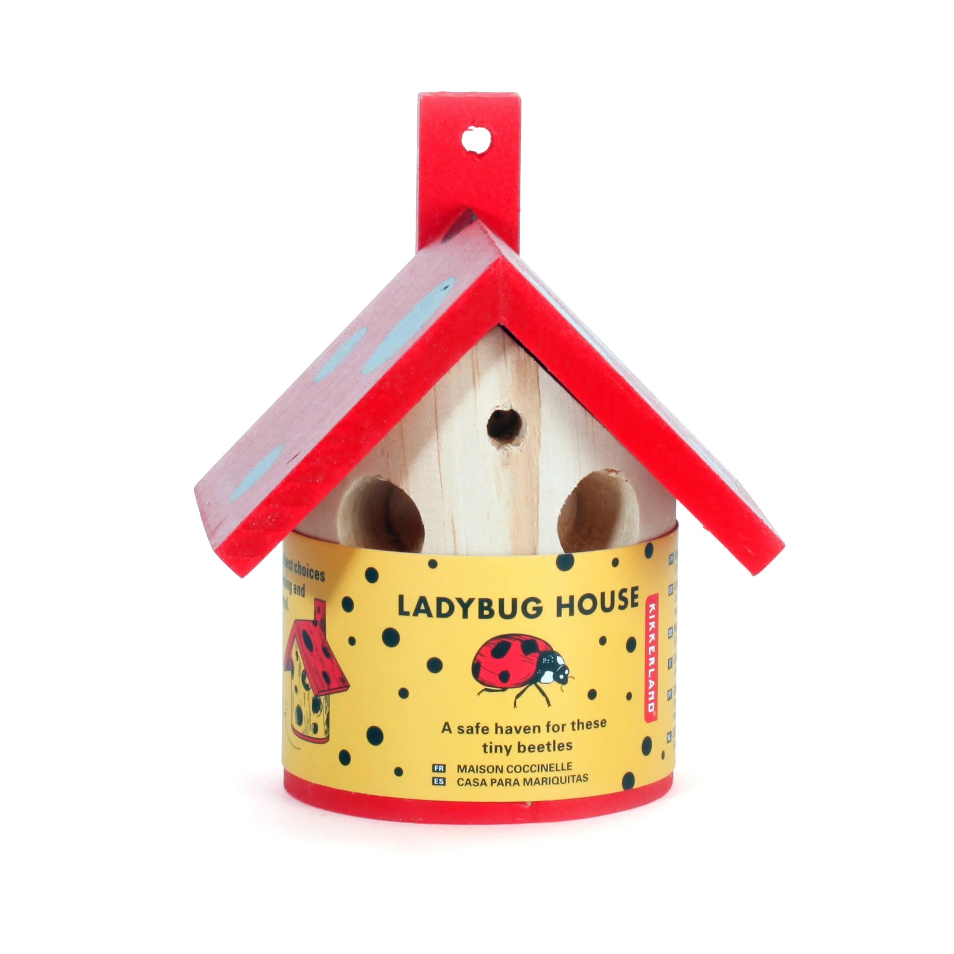 From view image of wooden lady bug house with red roof in packaging