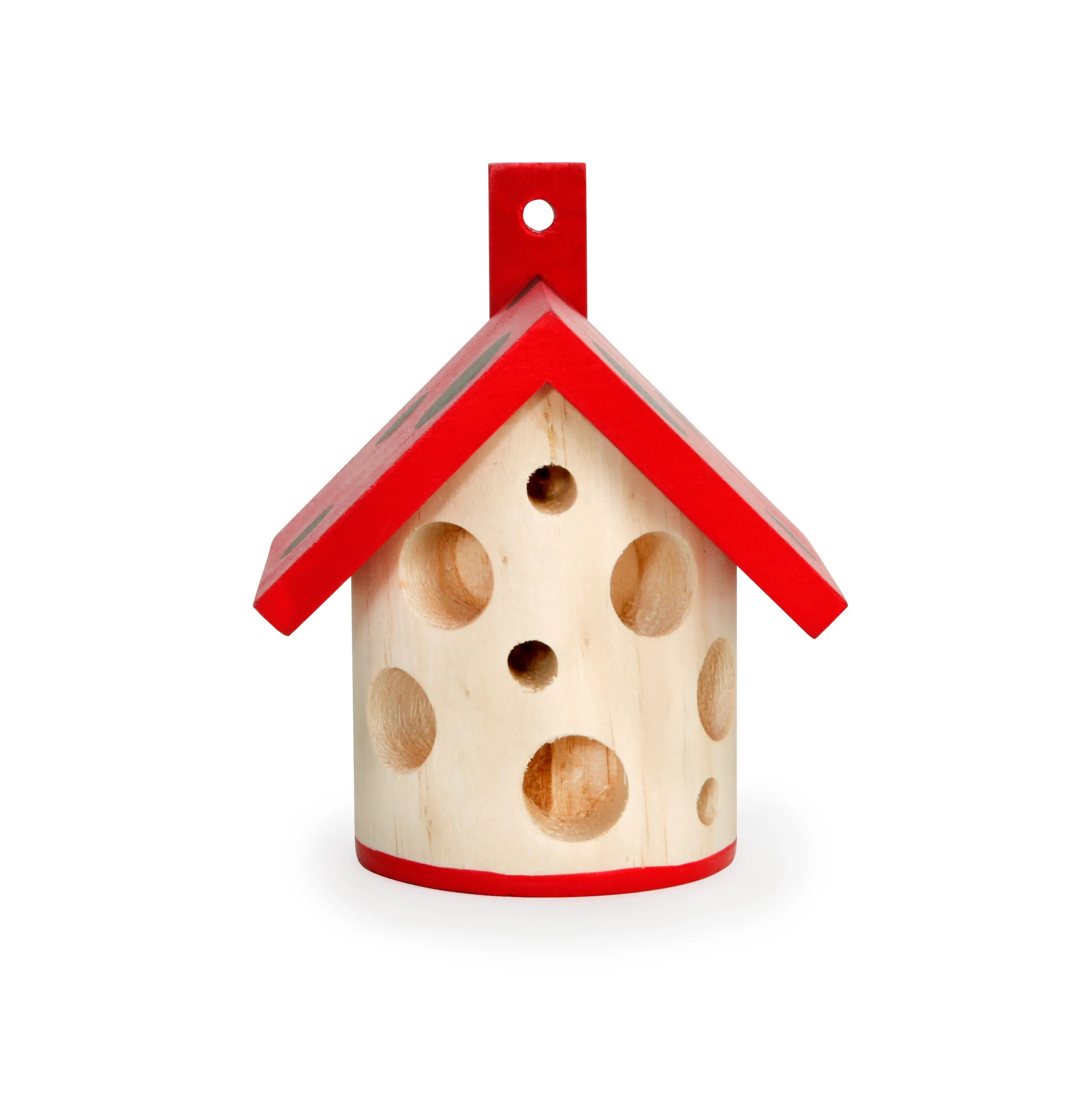 From view image of wooden lady bug house with red roof