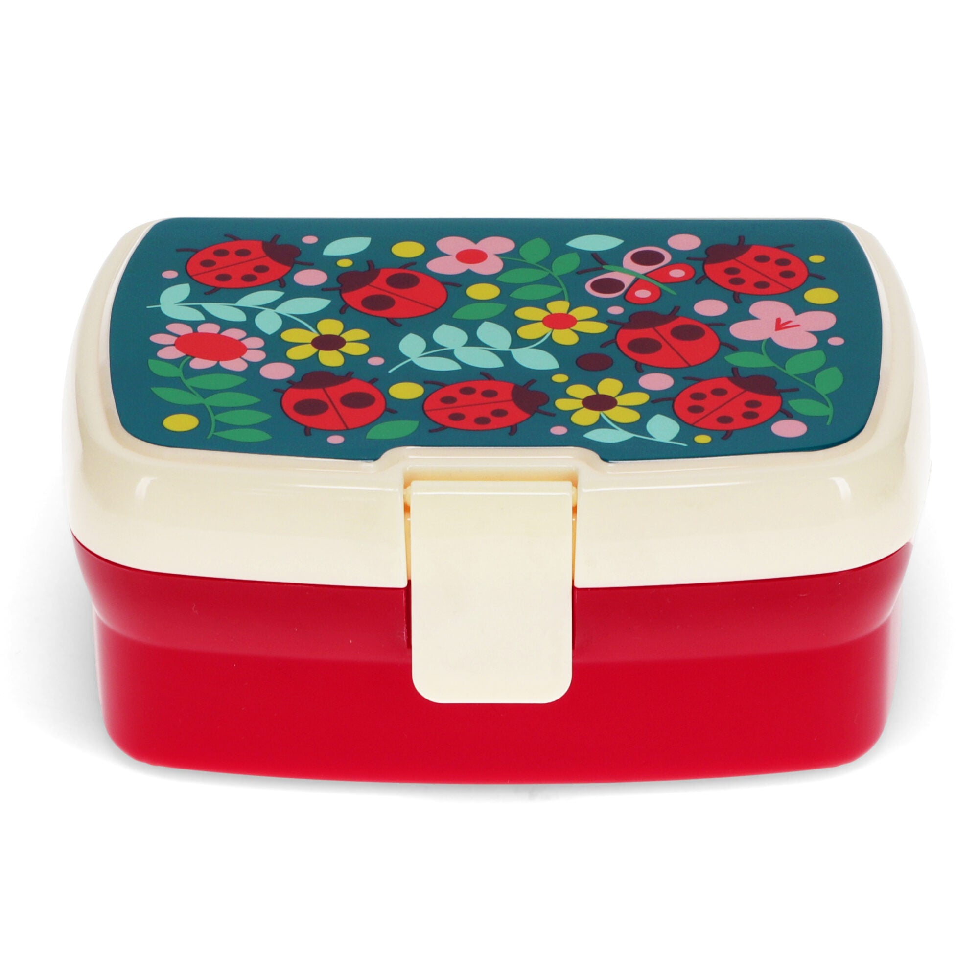 Front view image of red and white lunch box with image of ladybirds and flowers on the top on white background.