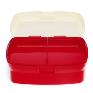 Front view image of open red and white lunch box on white background.