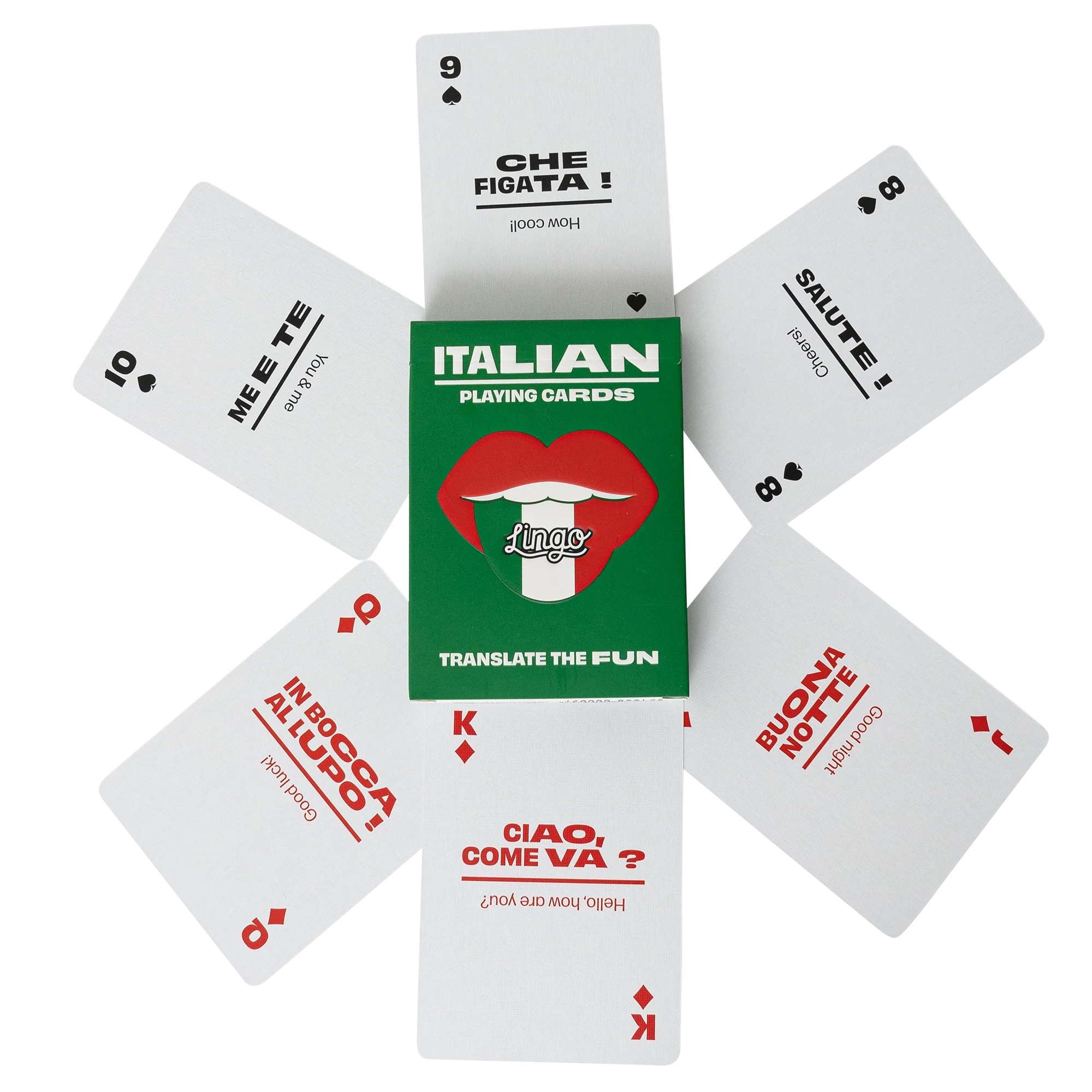 Italian playing cards with phrases and translations, arranged around a green box labelled "Italian Playing Cards."