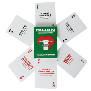 Italian playing cards with phrases and translations, arranged around a green box labelled "Italian Playing Cards."