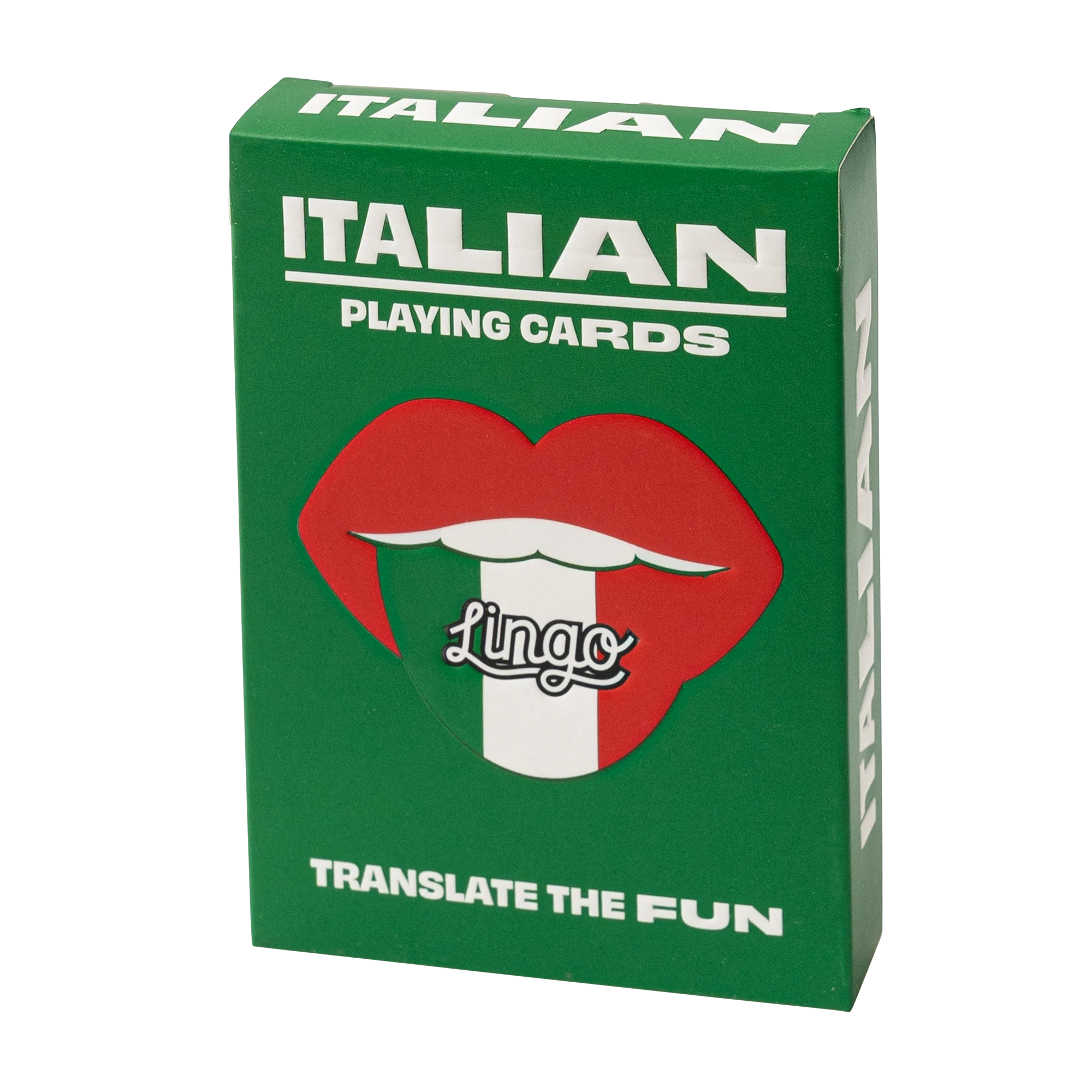 Green box of Italian playing cards with red mouth graphic and text "ITALIAN PLAYING CARDS" and "TRANSLATE THE FUN".