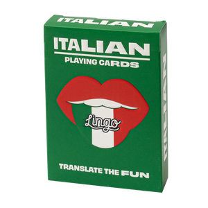 Green box of Italian playing cards with red mouth graphic and text "ITALIAN PLAYING CARDS" and "TRANSLATE THE FUN".