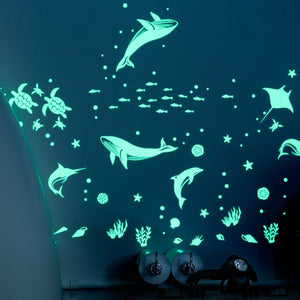 Sea creature glow in the  dark stickers on wall in dark room with surfboard on left hand side