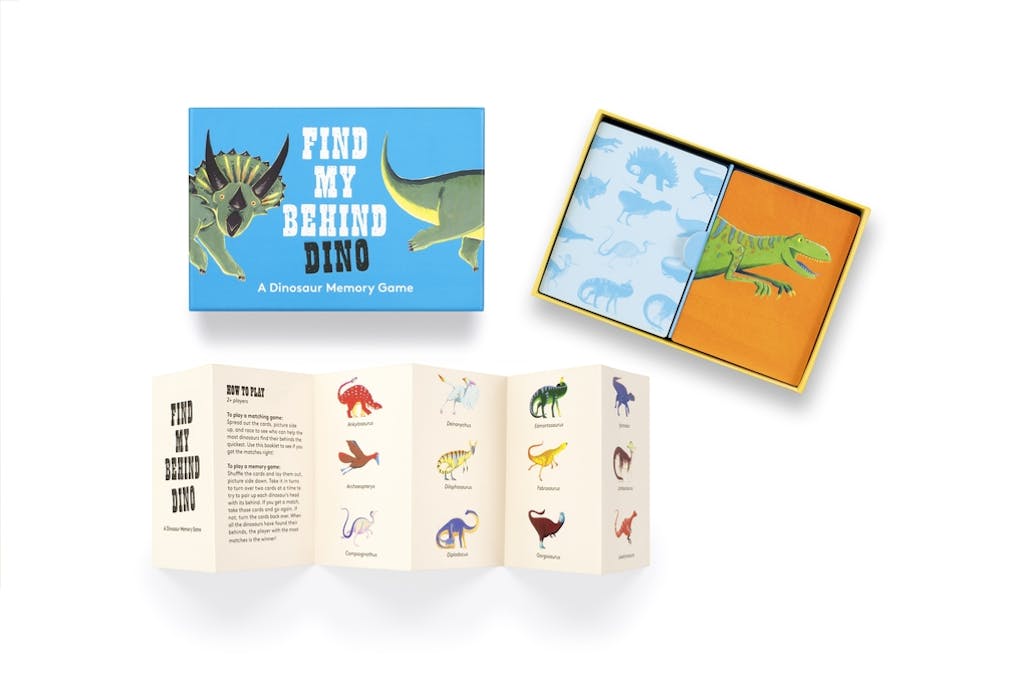 Image of Find My Behind Dino: A Dinosaur Memory Game showing open packaging and instruction sheet