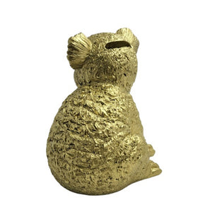 Back view image of gold Koala Money Box on white background.