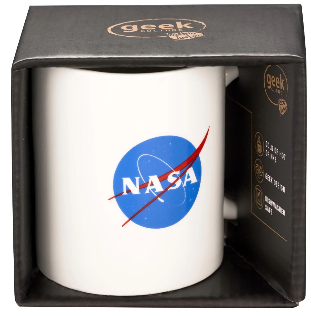 Image of white mug with NASA Logo in packaging