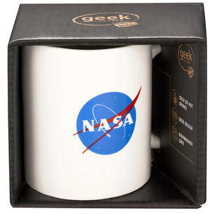 Image of white mug with NASA Logo in packaging