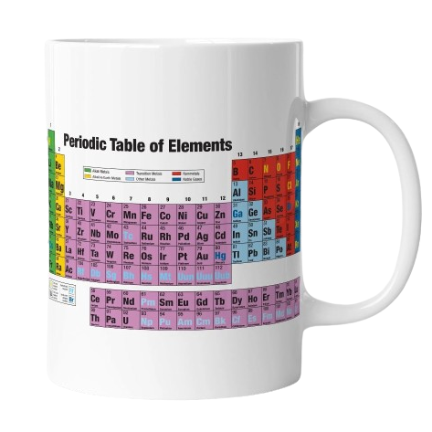 Side view image of white mug with Periodic Table of the Elements design