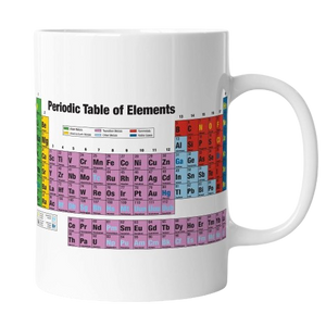 Side view image of white mug with Periodic Table of the Elements design